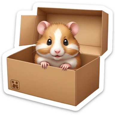  A very cute young  hamster  with one's head tilted to one side poked its paws out of the cardboard big box and placed them on top of it sticker