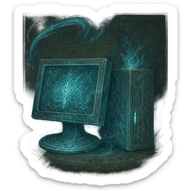 Re-imagine the Windows 'My Computer' icon as a magical relic in the style of Elden Ring glintstone sorceries. The icon should have a mystical, ethereal blue glow with magical energy effects and arcane symbols. The background should resemble parchment or a scroll, enhancing the ancient magical theme. The computer should appear imbued with arcane power, glowing with blue mystical light and intricate magical details. Use the provided reference images for inspiration of glintstone sorcery effects. 1080 x 1080, transparent background. sticker