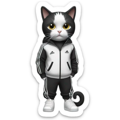 Black and white cat with adidas track suit sticker