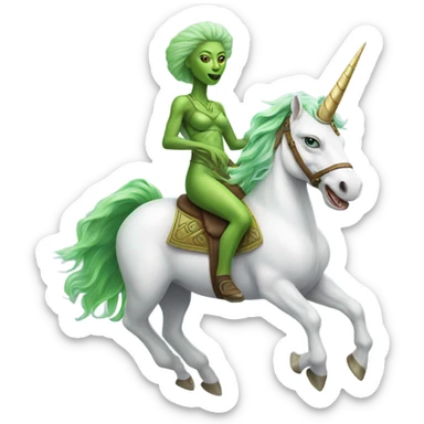 a green amazon alien woman on a white unicorn sticker