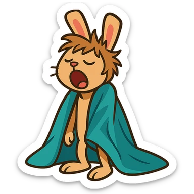 full-body pale brown bunny yawning with messy hair, blanket over shoulders, vibrant-toon style sticker