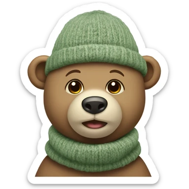 Cute Bear with knitted Sage green hat without scarf sticker
