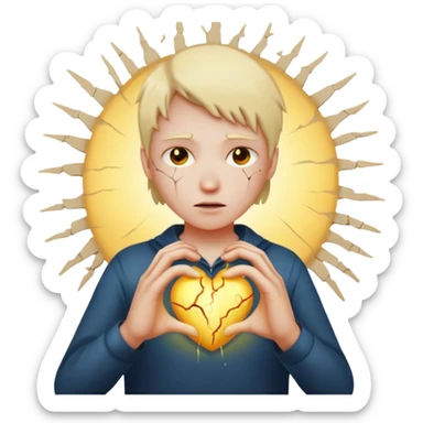 Heart cracking with light leaking out, hands trying to hold it together sticker