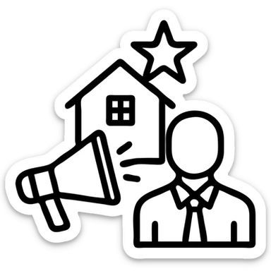 Ícono de real estate que refleje que tenemos un Marketing de lujo con Ejecución impecable, ya que las propiedades de nuestros clientes no solo se publican, sino que se les hace promoción activamente. Nuestro equipo especializado es experto en vender propiedades como lo hacen las marcas de lujo: con estrategia, estética y storytelling. sticker