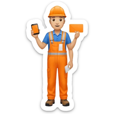 mature engineer hi-vis orange overalls standing full body holding a card sticker
