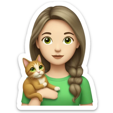 girl with dark blond hair and green eyes, holding a cat with 3 colors sticker