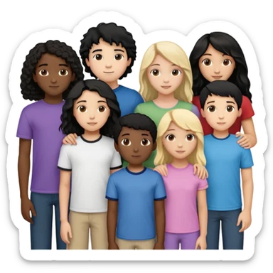 Group of diverse friends standing together, including a dark-skinned boy with straight hair, a light-skinned boy with straight blonde hair, a light-skinned girl with straight black hair, a mixed-race girl with straight brown hair, a light-skinned boy with wavy black hair, a mixed-race girl with dark curly hair, and in the center a light-skinned girl with wavy brown hair sticker