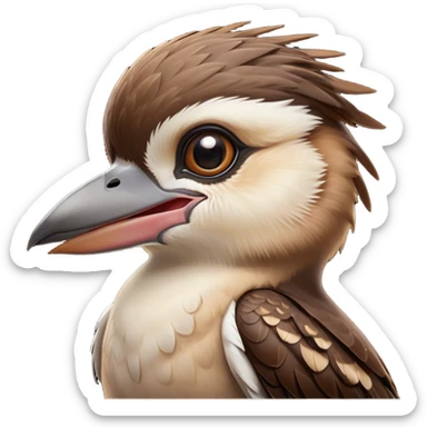 Cinematic Cute Kookaburra Portrait Emoji, Head tilted playfully and inquisitively, featuring a glossy brown plumage with subtle cream accents and a perky, expressive beak, round, sparkling eyes filled with curious mirth, Simplified yet irresistibly adorable features, highly detailed, glowing with a warm, friendly glow, high shine, affectionate and spirited, stylized with a touch of bushland whimsy, bright and endearing, soft glowing outline, capturing the essence of a mischievous yet loving kookaburra, so playful it feels like it could chuckle out of the screen into your arms! sticker