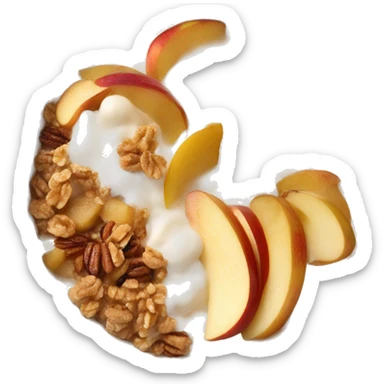 Vanille Porridge in a beige Bowl with caramelized Apples and granola and yoghurt sticker