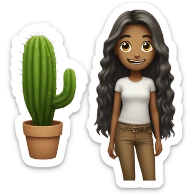 smiling girl with long hair add a cactus sticker