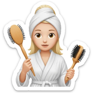 Women wearing shower robe an their hair with towel holding a brush sticker