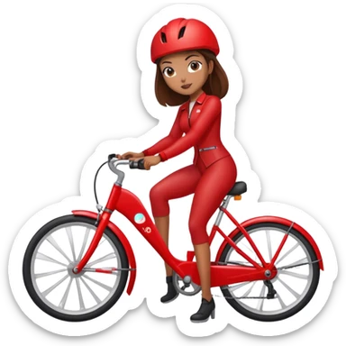 QR code on a red bike  -and a woman scanning the code standing next to the bike sticker