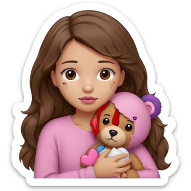 girl with long wavy brown hair, brown eyes, light to medium complexion, in a pink shirt, pink lips, long lashes, sad, hugging squeezing a teddy bear with a broken heart band aid sticker