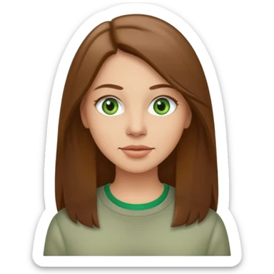 Adult woman avatar, light skin tone, oval face, straight long brown hair, green eyes, neutral mouth, casual  sticker