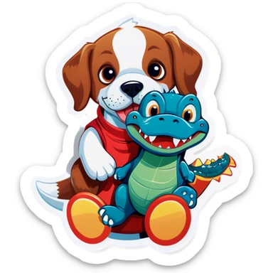 Dog with stuffed alligator toy sticker