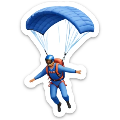 A base jumper soaring through the air, parachute deployed, flying off a steep mountain peak. The background is filled with majestic mountains, clear blue sky, and distant clouds, capturing the exhilarating thrill and beauty of extreme sports. sticker