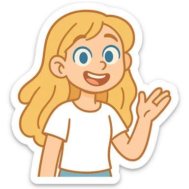 girl with long dirty blond hair, blue eyes, wearing a white top in pastel toon style sticker