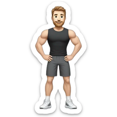 Full height Actively gesturing with hands Pale skinned Fit Man With the biceps and brown hair in dark gray Sleeveless Mike, black oversize sports shorts, watch and white Sneakers sticker