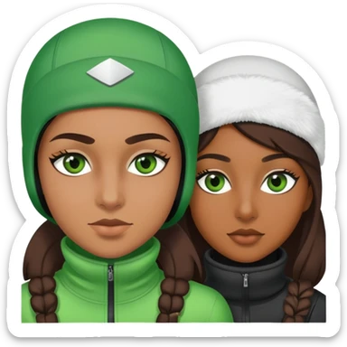 Green eyed brown girl and green eyed white guy in ski masks sticker