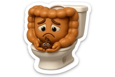 emoji stile iphone di un intestino realistico 3d che esce dal wc con in mano una montagnetta di feci con espressione triste a palline, iperrealistico 4k sticker