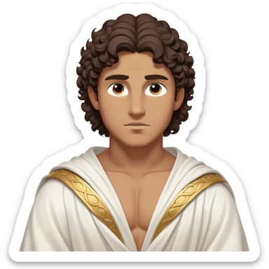 Cinematic Realistic Hercules Portrait, depicted as a classical Greek hero inspired by the Disney version yet echoing the refined proportions and serene dignity of Michelangelo's David. His idealized, tan skin glows with timeless strength, and his thick, curly wavy dark brownhair falls in natural, sculpted curls. Draped in a flowing white robe with delicate golden accents, his expressive eyes radiate determined nobility, all rendered under dynamic natural lighting with a mythic, radiant glow. sticker