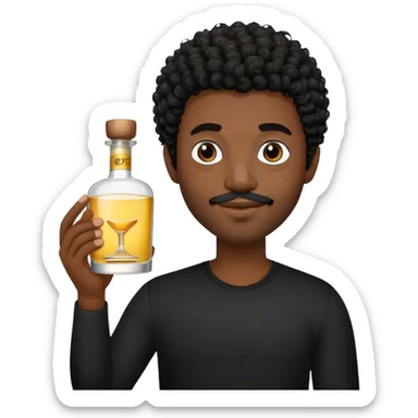 dark black guy, short curly hair, facial hair, holding tequila, black shirt  sticker