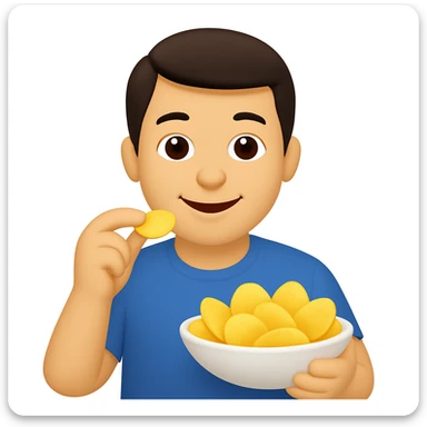 man eating chips, more white, smiling a little, emoji sticker