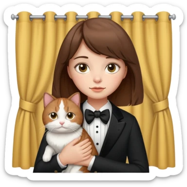 brown haired girl with curtain bangs holding a fat tuxedo cat sticker