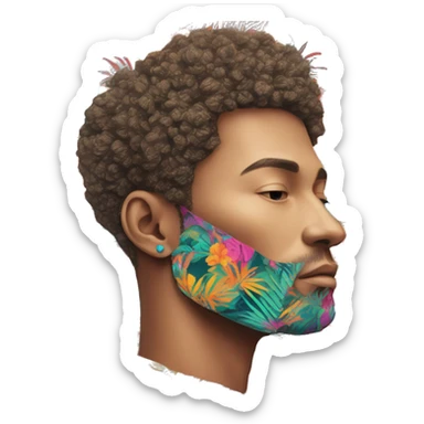 Person vaping wearing a colourful vibrant tropical patchwork of intricate vintage patterns, vape sticker