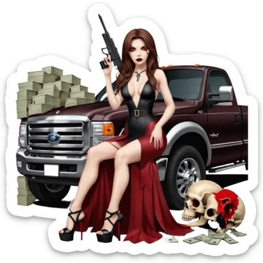 Lilith symbol red eye seductress evil long brown haired sexy succubus woman with leather long dress with slit, sitting in Big Large F350 pickup truck. Black Platform high heels on feet. Back of truck full of stacks of cash, sitting behind her is  a human skull with a gun in other hand sticker