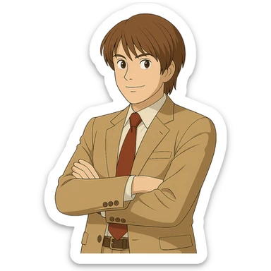 Make this exact Light Yagami in Ghibli style, standing with his arms crossed and body slightly turned to the right, same suit, same confident expression. Match the face, hair, and suit details exactly to the reference. Transparent background. sticker