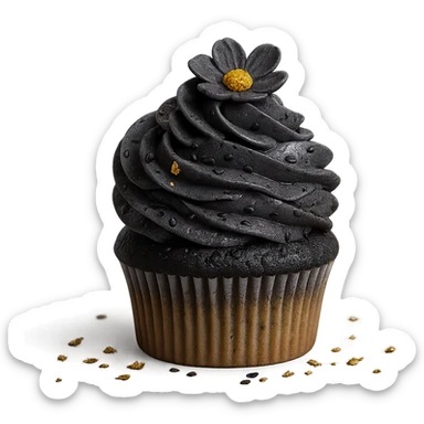 Change the icing to black sesame: dark gray, slightly glossy, speckled with black sesame seeds. Keep the realistic cupcake and accessories in photorealistic style with transparent background. sticker