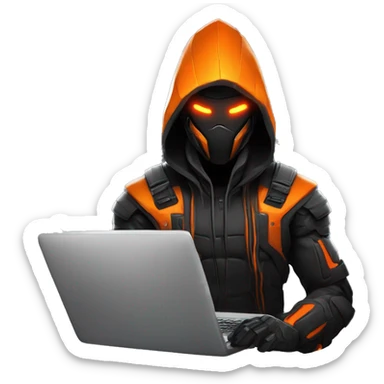  developer behind his laptop with this style : crysis Cyberpunk Valorant orange glowing bright orange character orange black hooded assassin themed character sticker