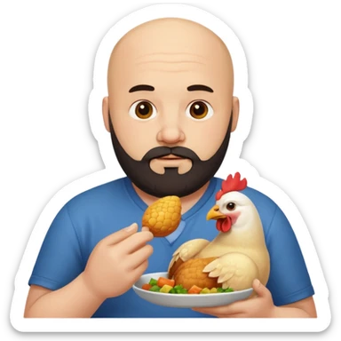 a bigger white bald man with a dark beard eating chicken sticker
