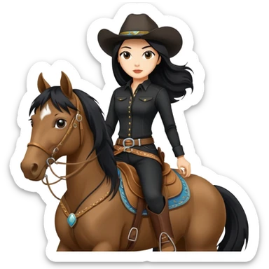 confident Asian woman with long black hair wearing black outfit riding a horse cowgirl style sticker