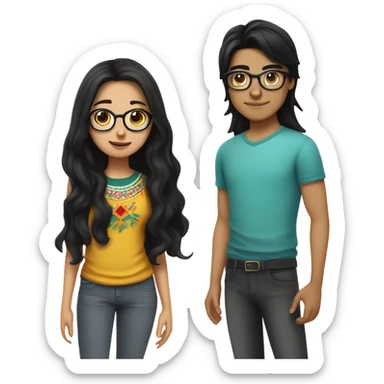 teen mexican couple together boy with glasses and black hair, the girl has long dark hair and is has light fair skin sticker