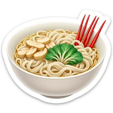 A bowl of udon noodles with green cabbage, chillies and enoki mushrooms sticker