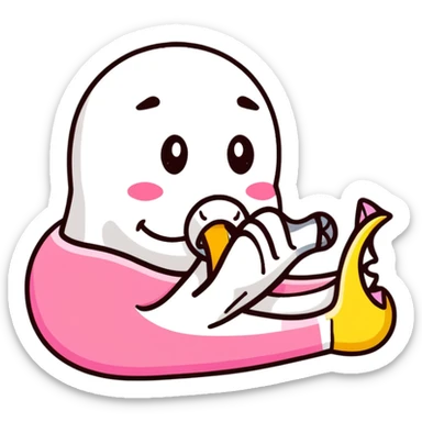 kissing emoji with a yellow bone in its mouth, bone has a pink tip sticker