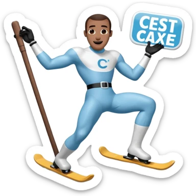 Frozone retro sticker, sliding on ice, playful expression, vintage sticker look written "c'est carré dans l'axe" sticker