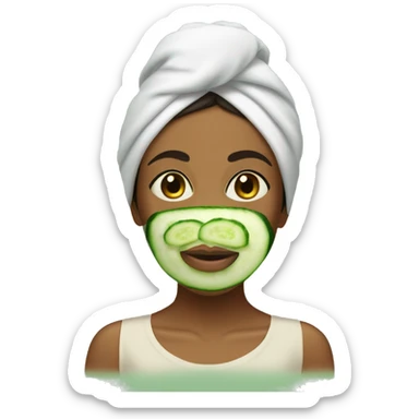 Brown girl face mask cucumber on eyes towel on head sticker