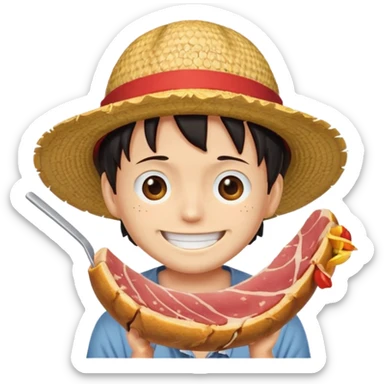 An emoji of luffy in a straw hat in one piece eating meat and laughing.  sticker