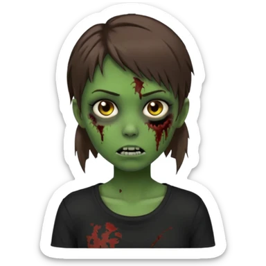Zombie girl emoji verde com cabelo curto liso castanho no ombro com uma blusa preta sticker