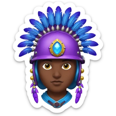 Generate an image of a night with a blue rounded feather on his helmet. He has a big night with balls as hands which have purple obsidian spikes on them. He also has a blue belt with yellow spikes on it. He also has purple glowing eyes. sticker