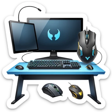 An icon featuring a gaming setup with a high-tech monitor displaying a competitive game, a keyboard, and a gaming mouse. The design includes a headset and a trophy, symbolizing victory and skill in esports. Transparent background highlights the energy and precision of professional gaming. sticker