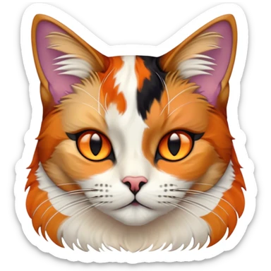 Cinematic Noble Calico Cat Portrait Emoji, Poised and regal, with a striking patchwork fur in vibrant orange, black, and white hues, delicate whiskers and a refined, focused gaze, simplified yet exquisitely detailed, glowing with a soft, moonlit radiance and an air of aristocratic elegance, high shine, exuding dignified intelligence and poised authority, soft glowing outline, capturing the essence of a watchful and noble calico cat that appears ready to grace the screen with effortless majesty! sticker