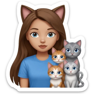 a pretty bratz dusky light skin girl with long brown hair, blue eyes with six cats nd wearing a grey tshirt sticker