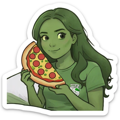brunette long haired girl eating pizza and laying on bed sticker