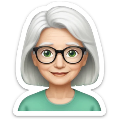 White hair grandma, green eyes, hair to shoulder, lokeg black glasses, rectangles face, smile , sticker