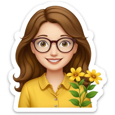 girl with a yellow blouse with flowers, with hair long hair in waves with glasses smiling sticker