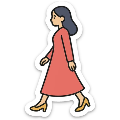 A girl walking from left to right, side view, wearing a long red dress and high heels, eastern style, thin clean outlines, soft rounded shapes, detailed drawing with shadows and highlights, pastel palette #98B5BC, #B5B3C1, #C9A3C9, #E4C0CA, #F7DCD1, #F7C0AA, modern Japanese pop art, soft lighting, transparent background, no extra decoration, focus on movement and elegance sticker